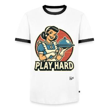 Hausfrau Kochen hart servieren hart spielen - Männer Kontrast-T-Shirt - Weiß/Schwarz - Vorne - AI Model Female 172 light (172cm) & AI Model Male 178 dark (178cm)