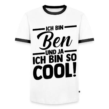 First name Ben - Men's Ringer Shirt - white/black - Front - AI Model Female 172 light (172cm) & AI Model Male 178 dark (178cm)