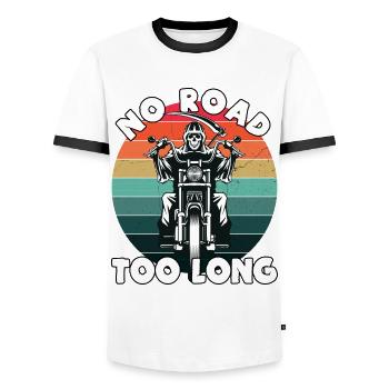 No Road Too Long. Motorcycle tours. - Men's Ringer Shirt - white/black - Front - AI Model Female 172 light (172cm) & AI Model Male 178 dark (178cm)