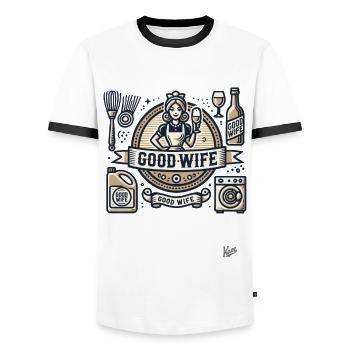 Ironic starter package: Budget for a good marriage - Men's Ringer Shirt - white/black - Front - AI Model Female 172 light (172cm) & AI Model Male 178 dark (178cm)