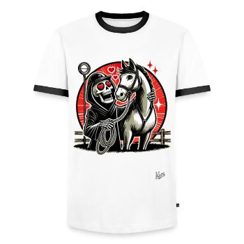Sensenmann liebt Reiten und sein Pferd - Männer Kontrast-T-Shirt - Weiß/Schwarz - Vorne - AI Model Female 172 light (172cm) & AI Model Male 178 dark (178cm)