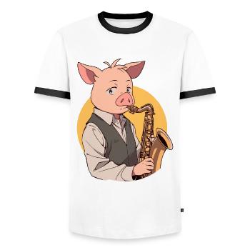 Saxophone Player Pig - Men's Ringer Shirt - white/black - Front - AI Model Female 172 light (172cm) & AI Model Male 178 dark (178cm)