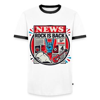 Newspaper News: Rock music is back - Men's Ringer Shirt - white/black - Front - AI Model Female 172 light (172cm) & AI Model Male 178 dark (178cm)