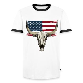 Cow and Bull Skull with USA Flag - Men's Ringer Shirt - white/black - Front - AI Model Female 172 light (172cm) & AI Model Male 178 dark (178cm)