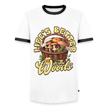 Pilzsammler Pilzzüchter Life's Better in the Woods - Männer Kontrast-T-Shirt - Weiß/Schwarz - Vorne - AI Model Female 172 light (172cm) & AI Model Male 178 dark (178cm)