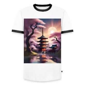 Japanese buildings during sakura - Men's Ringer Shirt - white/black - Front - AI Model Female 172 light (172cm) & AI Model Male 178 dark (178cm)
