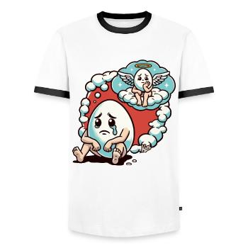 Sad egg imagines egg friend in heaven - Men's Ringer Shirt - white/black - Front - AI Model Female 172 light (172cm) & AI Model Male 178 dark (178cm)