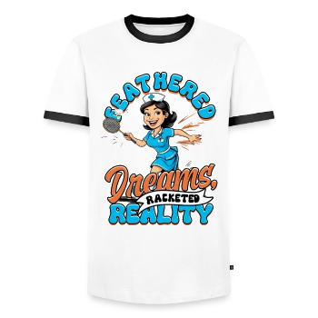 Badminton Feathered Dreams Racketed Reality - Men's Ringer Shirt - white/black - Front - AI Model Female 172 light (172cm) & AI Model Male 178 dark (178cm)