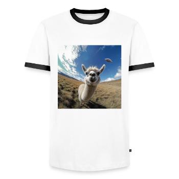 Llama Selfie with UFOs, weirder - Men's Ringer Shirt - white/black - Front - AI Model Female 172 light (172cm) & AI Model Male 178 dark (178cm)