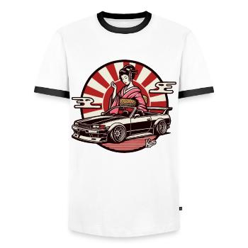 Geisha japonaise et voiture JDM Motorsport - T-shirt contrasté Homme - blanc/noir - Devant - AI Model Female 172 light (172cm) & AI Model Male 178 dark (178cm)