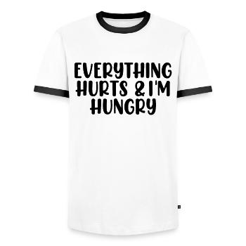 Everything Hurts and I'm Hungry Funny Fitness Gym - Men's Ringer Shirt - white/black - Front - AI Model Female 172 light (172cm) & AI Model Male 178 dark (178cm)