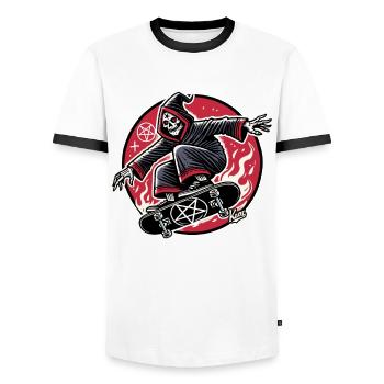 Grim Reaper Skateboarder Does Tricks Skateboard - Men's Ringer Shirt - white/black - Front - AI Model Female 172 light (172cm) & AI Model Male 178 dark (178cm)