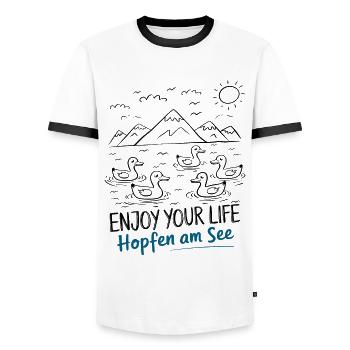 Hopfen am See Berge Urlaub Wandern - Männer Kontrast-T-Shirt - Weiß/Schwarz - Vorne - AI Model Female 172 light (172cm) & AI Model Male 178 dark (178cm)