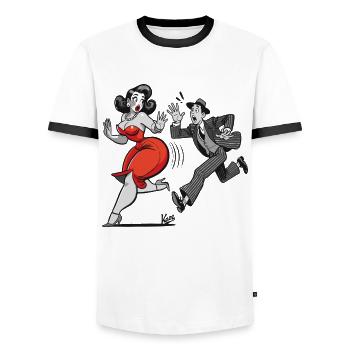 Retro cartoon: man and woman running - Men's Ringer Shirt - white/black - Front - AI Model Female 172 light (172cm) & AI Model Male 178 dark (178cm)