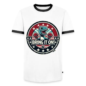 Little dinosaur boxer: "Come on!" - Men's Ringer Shirt - white/black - Front - AI Model Female 172 light (172cm) & AI Model Male 178 dark (178cm)