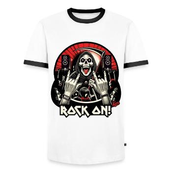 Grim Reaper Rock Music Concert: Rock On! - Men's Ringer Shirt - white/black - Front - AI Model Female 172 light (172cm) & AI Model Male 178 dark (178cm)