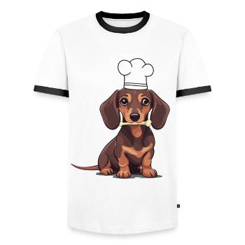Dackel Hund Hunde Koch Köche Köchin Gastgeber - Männer Kontrast-T-Shirt - Weiß/Schwarz - Vorne - AI Model Female 172 light (172cm) & AI Model Male 178 dark (178cm)