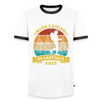 Buen Camino de Santiago 2025 - Ladies - Männer Kontrast-T-Shirt - Weiß/Schwarz - Vorne - AI Model Female 172 light (172cm) & AI Model Male 178 dark (178cm)
