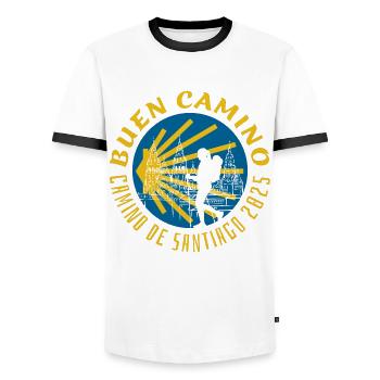 Buen Camino de Santiago 2025 - Ladies - Männer Kontrast-T-Shirt - Weiß/Schwarz - Vorne - AI Model Female 172 light (172cm) & AI Model Male 178 dark (178cm)