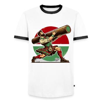 Scottish Guy with Wooden Trunk - Caber Toss - Men's Ringer Shirt - white/black - Front - AI Model Female 172 light (172cm) & AI Model Male 178 dark (178cm)