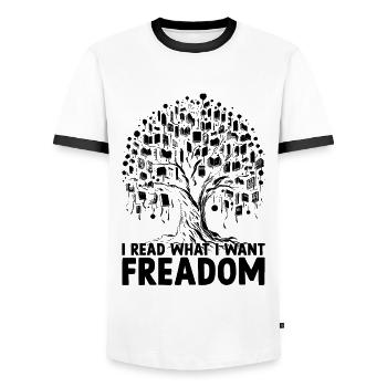 I Read What I Want Freadom Book Reading Bookworm - Men's Ringer Shirt - white/black - Front - AI Model Female 172 light (172cm) & AI Model Male 178 dark (178cm)