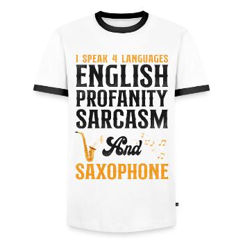 Saxophones I Speak 4 Languages - Men's Ringer Shirt - white/black - Front - AI Model Female 172 light (172cm) & AI Model Male 178 dark (178cm)