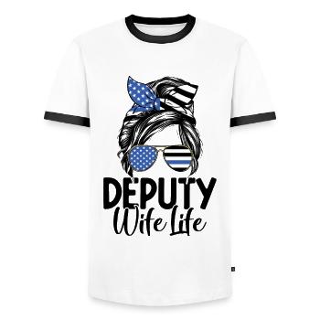 Deputy Wife Messy Bun Funny Sheriff Police Law - Men's Ringer Shirt - white/black - Front - AI Model Female 172 light (172cm) & AI Model Male 178 dark (178cm)