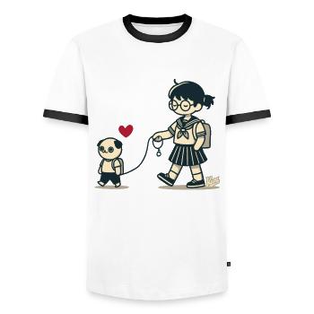 Japanischer Otaku spaziert mit Schulmädchen - Männer Kontrast-T-Shirt - Weiß/Schwarz - Vorne - AI Model Female 172 light (172cm) & AI Model Male 178 dark (178cm)