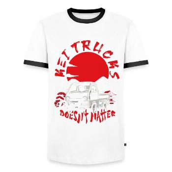 Kei Truck Proof La taille n’a pas d’importance - T-shirt contrasté Homme - blanc/noir - Devant - AI Model Female 172 light (172cm) & AI Model Male 178 dark (178cm)