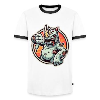 Rhinocéros zombie insatisfait et pouce vers le bas - T-shirt contrasté Homme - blanc/noir - Devant - AI Model Female 172 light (172cm) & AI Model Male 178 dark (178cm)