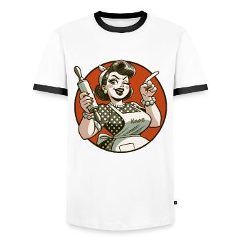 Housewife with rolling pin pointing with finger - Men's Ringer Shirt - white/black - Front - AI Model Female 172 light (172cm) & AI Model Male 178 dark (178cm)