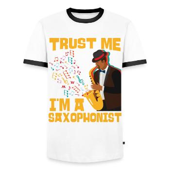 Saxophone Fais-moi confiance Je suis A - T-shirt contrasté Homme - blanc/noir - Devant - AI Model Female 172 light (172cm) & AI Model Male 178 dark (178cm)