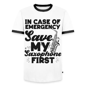 Saxophone In Case Of Emergency - Men's Ringer Shirt - white/black - Front - AI Model Female 172 light (172cm) & AI Model Male 178 dark (178cm)