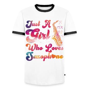 Saxophone Girl Just A Girl Who - Men's Ringer Shirt - white/black - Front - AI Model Female 172 light (172cm) & AI Model Male 178 dark (178cm)