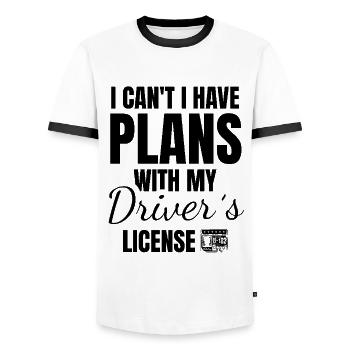 Ich kann nicht Ich habe Pläne mit meinem Führerschein - Männer Kontrast-T-Shirt - Weiß/Schwarz - Vorne - AI Model Female 172 light (172cm) & AI Model Male 178 dark (178cm)