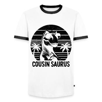 Retro Cousin Saurus Dinosaur Family Reunion - Men's Ringer Shirt - white/black - Front - AI Model Female 172 light (172cm) & AI Model Male 178 dark (178cm)