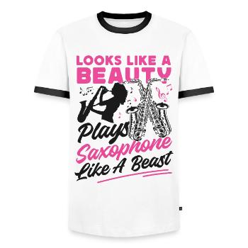 Saxophone Girl Female Looks Like A - Men's Ringer Shirt - white/black - Front - AI Model Female 172 light (172cm) & AI Model Male 178 dark (178cm)