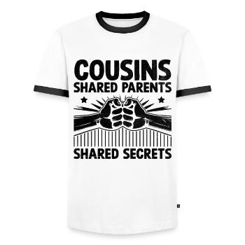 Cousins Shared Parents Shared Secrets Cousin - Men's Ringer Shirt - white/black - Front - AI Model Female 172 light (172cm) & AI Model Male 178 dark (178cm)