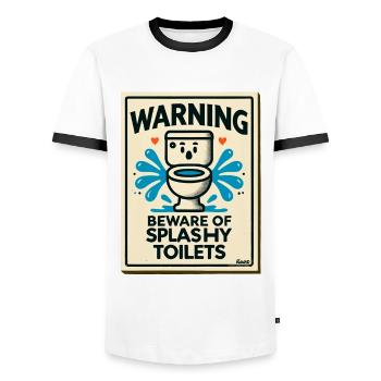 Achtung: Vorsicht vor spritzenden Toiletten - Männer Kontrast-T-Shirt - Weiß/Schwarz - Vorne - AI Model Female 172 light (172cm) & AI Model Male 178 dark (178cm)