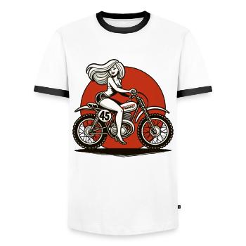 cool girl rides retro motocross motorcycle - Men's Ringer Shirt - white/black - Front - AI Model Female 172 light (172cm) & AI Model Male 178 dark (178cm)