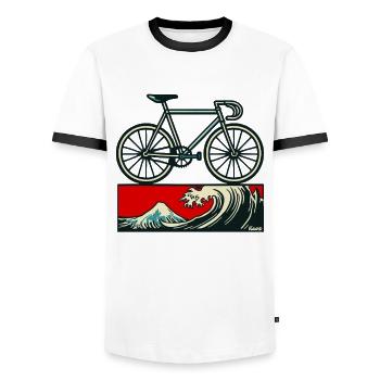Japanisches Kanagawa Keirin Stahlbike Rennrad - Männer Kontrast-T-Shirt - Weiß/Schwarz - Vorne - AI Model Female 172 light (172cm) & AI Model Male 178 dark (178cm)