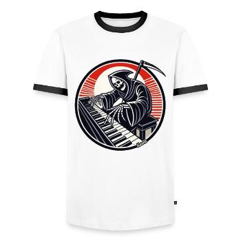 Funny skeleton at the piano - Men's Ringer Shirt - white/black - Front - AI Model Female 172 light (172cm) & AI Model Male 178 dark (178cm)
