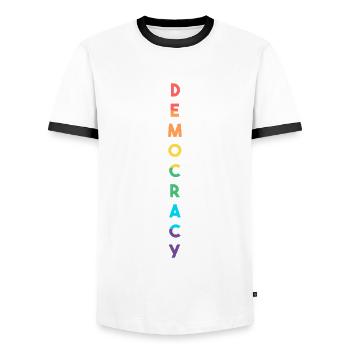 Démocratie, Termes, Respect, Tolérance - T-shirt contrasté Homme - blanc/noir - Devant - AI Model Female 172 light (172cm) & AI Model Male 178 dark (178cm)