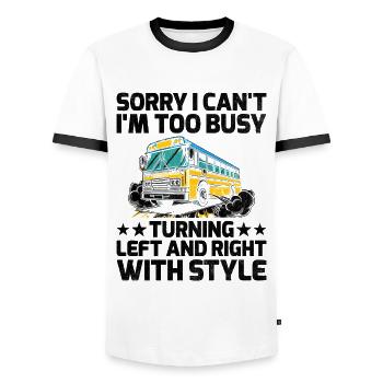 Sorry I Can't I'm Too Busy Turning Left And Right - Men's Ringer Shirt - white/black - Front - AI Model Female 172 light (172cm) & AI Model Male 178 dark (178cm)