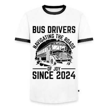 Busfahrer, die seit 2024 auf den Straßen der Freude unterwegs sind - Männer Kontrast-T-Shirt - Weiß/Schwarz - Vorne - AI Model Female 172 light (172cm) & AI Model Male 178 dark (178cm)