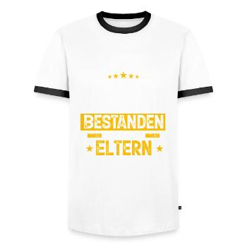 Jugendweihe 2025 Bestanden meine Eltern wohnen - Männer Kontrast-T-Shirt - Weiß/Schwarz - Vorne - AI Model Female 172 light (172cm) & AI Model Male 178 dark (178cm)