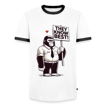 Good gorilla with shield: You know better! - Men's Ringer Shirt - white/black - Front - AI Model Female 172 light (172cm) & AI Model Male 178 dark (178cm)