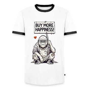 Gorille satirique avec bouclier : Achetez plus de bonheur - T-shirt contrasté Homme - blanc/noir - Devant - AI Model Female 172 light (172cm) & AI Model Male 178 dark (178cm)