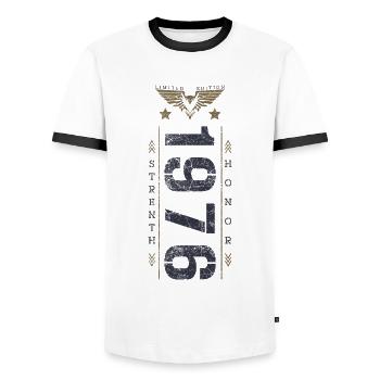 Limited Edition 1976 Birthday Strength and Honor - Men's Ringer Shirt - white/black - Front - AI Model Female 172 light (172cm) & AI Model Male 178 dark (178cm)