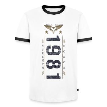 Limited Edition 1981 Birthday Strength and Honor - Men's Ringer Shirt - white/black - Front - AI Model Female 172 light (172cm) & AI Model Male 178 dark (178cm)